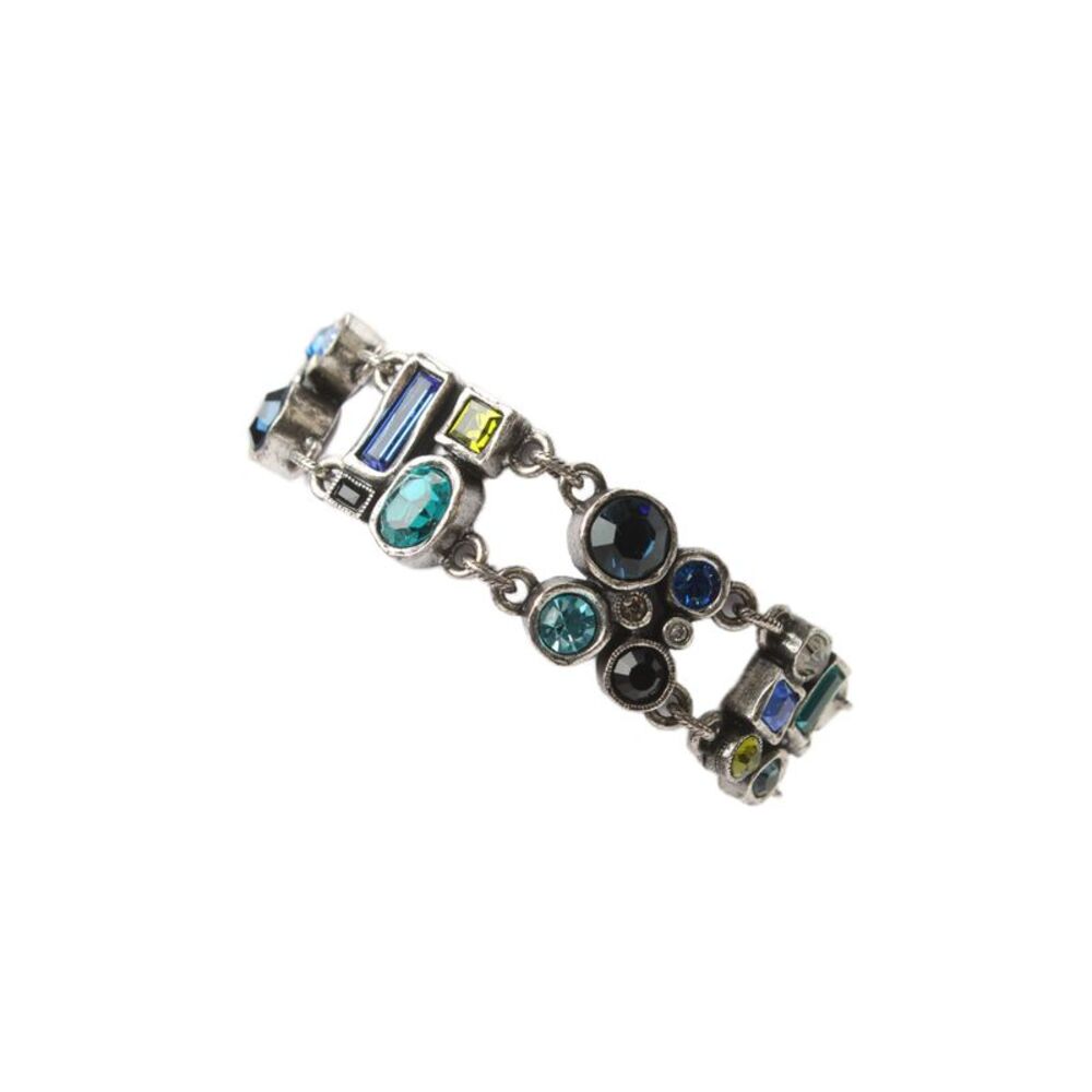 Patricia Locke Womens Silver Tone Multicolor Crystal Brutalist Bracelet 7.5"